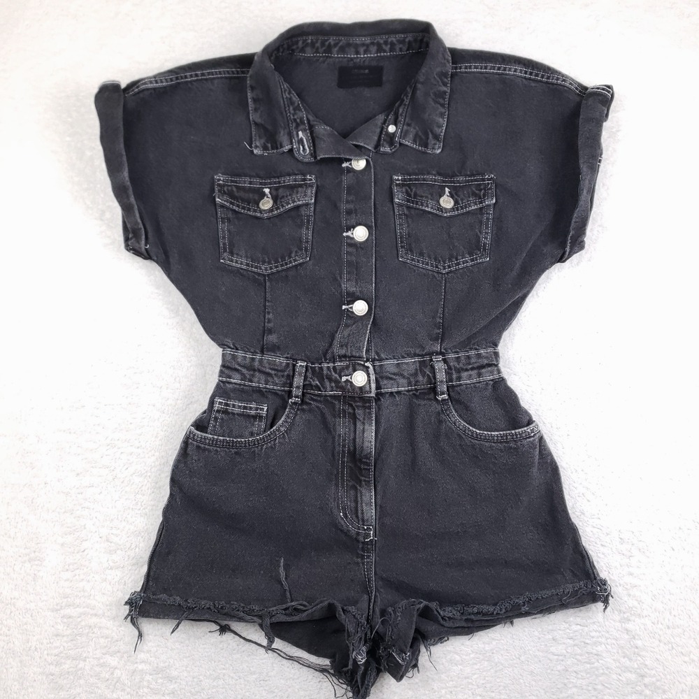 Cotton On Black Denim Romper Button Front Short Sleeve Utility Raw Hem Size 2